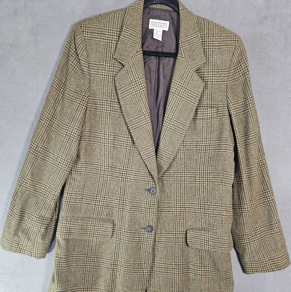 Vintage 90s Banana Republic Women 12 Safari Travel Blazer Houndstooth Wool Brown